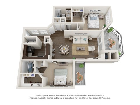 Floor plan for 2 beds, 2 baths, 1082 sqft